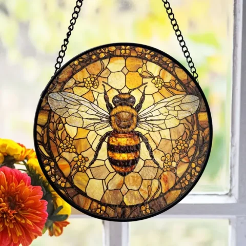 Bee Stained Glass Suncatcher, Honeycomb Window Art - Lincollap