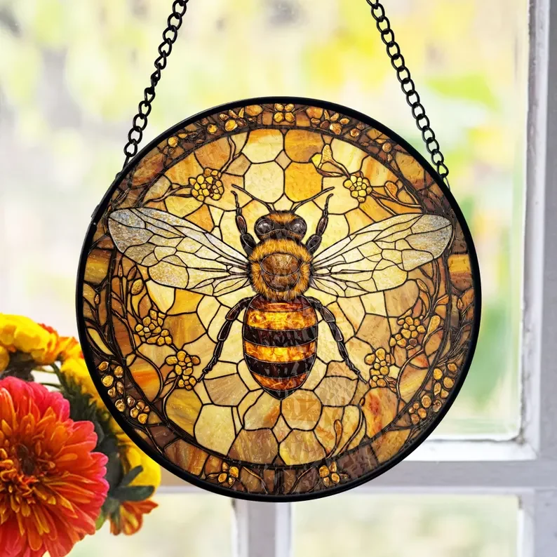 Bee Stained Glass Suncatcher, Honeycomb Window Art - Lincollap