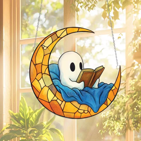 Ghost Reading Book On Moon Acrylic Suncatcher Window Hanging - Lincollap