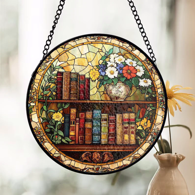 Bookshelf Stained Glass Suncatcher, Vintage Library Decor - Lincollap
