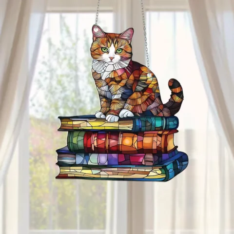 Cat Book On The Moon Acrylic Suncatcher Window Hanging - Lincollap