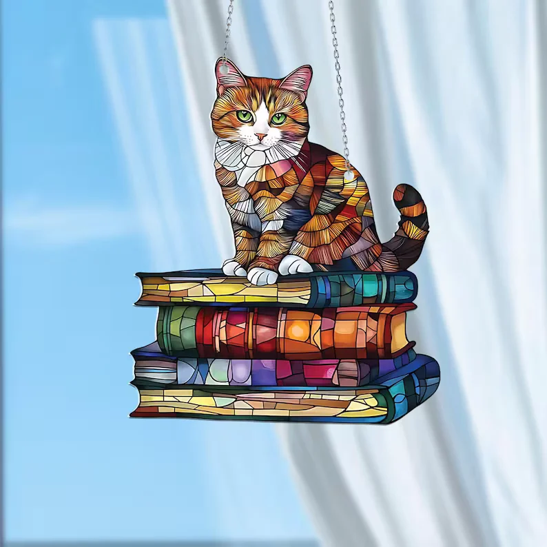 Cat Book On The Moon Acrylic Suncatcher Window Hanging - Lincollap