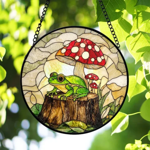 Frog and Mushroom Stained Glass Suncatcher, Whimsical Forest Decor - Lincollap