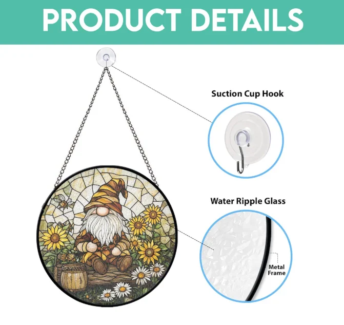 Gnome Stained Glass Suncatcher, Sunflower Garden Window Art - Lincollap