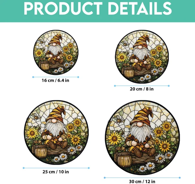 Gnome Stained Glass Suncatcher, Sunflower Garden Window Art - Lincollap