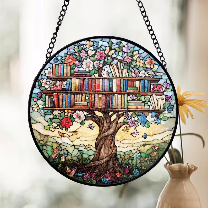Library Tree Stained Glass Suncatcher, Bookshelf Window Decor - Lincollap