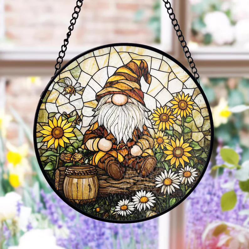 Gnome Stained Glass Suncatcher, Sunflower Garden Window Art - Lincollap
