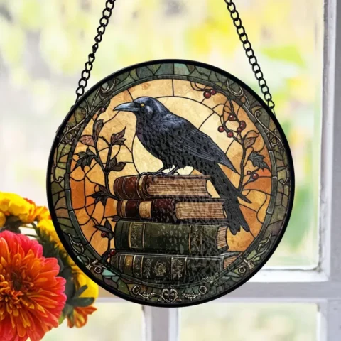 Raven Stained Glass Suncatcher, Dark Book Stack Decor - Lincollap