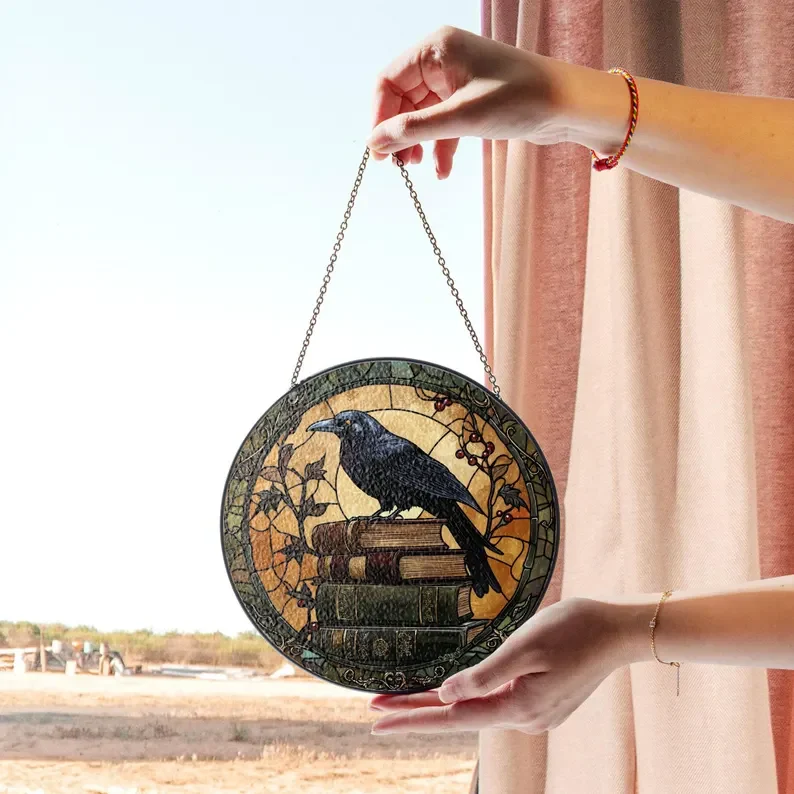 Raven Stained Glass Suncatcher, Dark Book Stack Decor - Lincollap