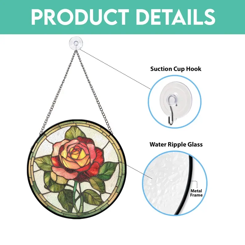 Rose Stained Glass Suncatcher, Elegant Floral Window Decor - Lincollap