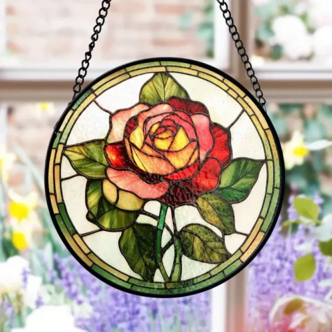 Rose Stained Glass Suncatcher, Elegant Floral Window Decor - Lincollap